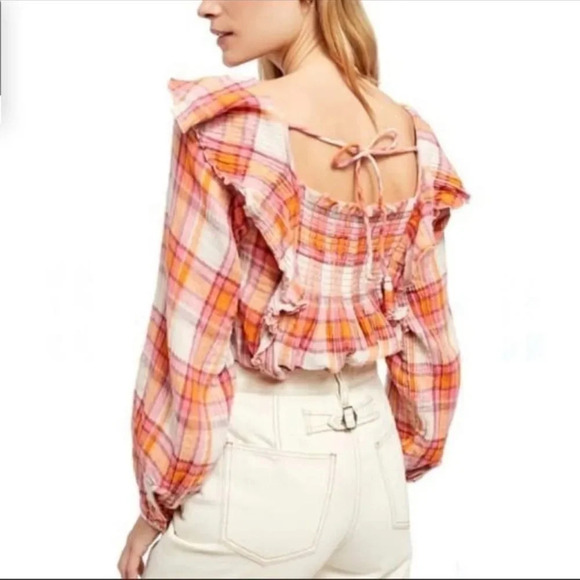 Free People Women's Siena Plaid Pullover Boho Bohemian Top with Ruffles size Med - Picture 4 of 9